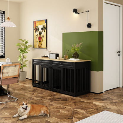 Meuble en bois pour chenil double pour chien avec 2 tiroirs et séparateur