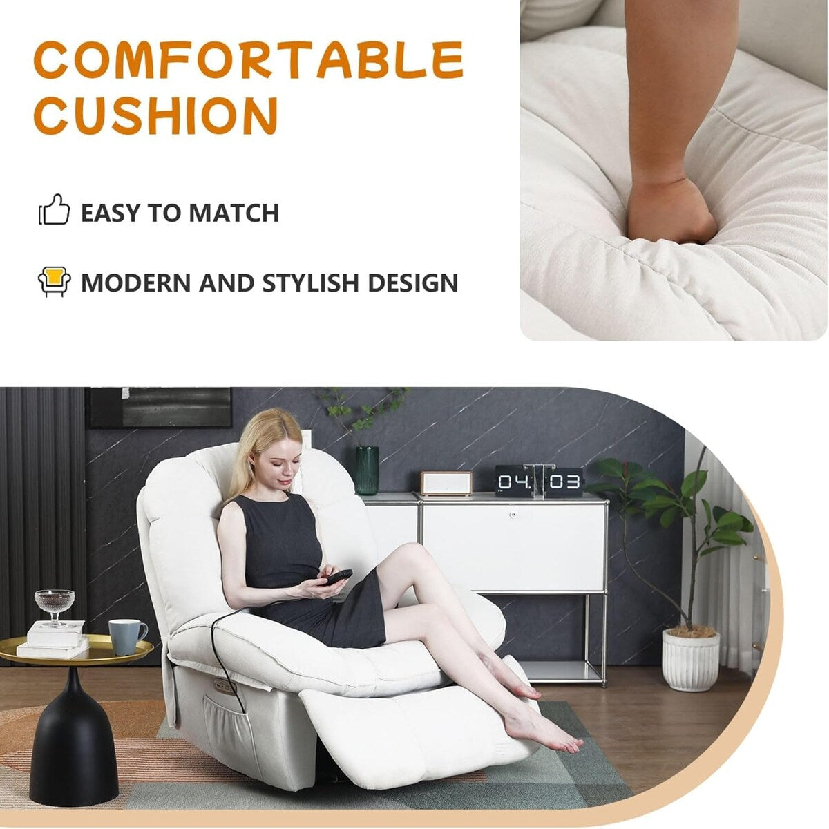 Fauteuil inclinable pivotant XINMICS, fauteuil inclinable oscillant massant avec chauffage, USB, USB-C et poche latérale