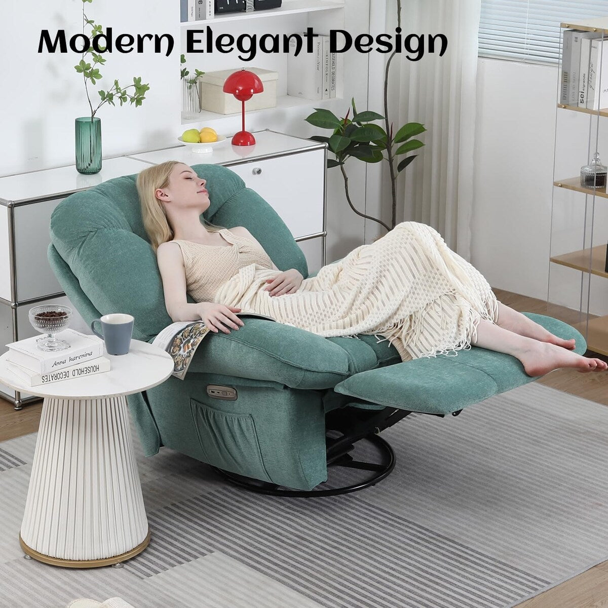 Fauteuil inclinable pivotant XINMICS, fauteuil inclinable oscillant massant avec chauffage, USB, USB-C et poche latérale