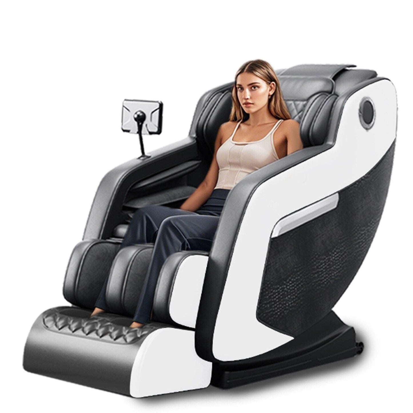 Fauteuil de massage inclinable à gravité zéro avec massage corporel complet, chauffage et audio Bluetooth intégré.