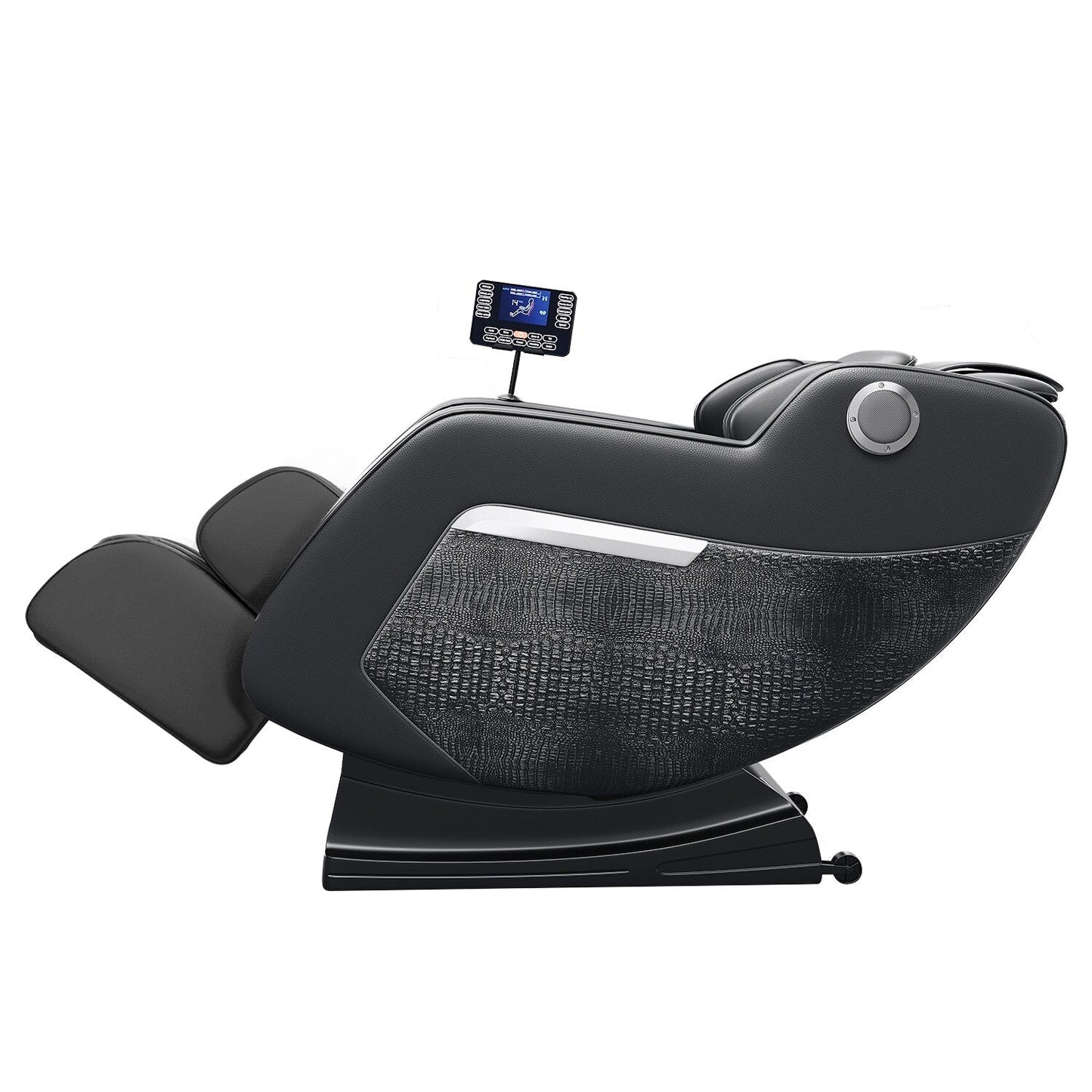 Fauteuil de massage inclinable à gravité zéro avec massage corporel complet, chauffage et audio Bluetooth intégré.