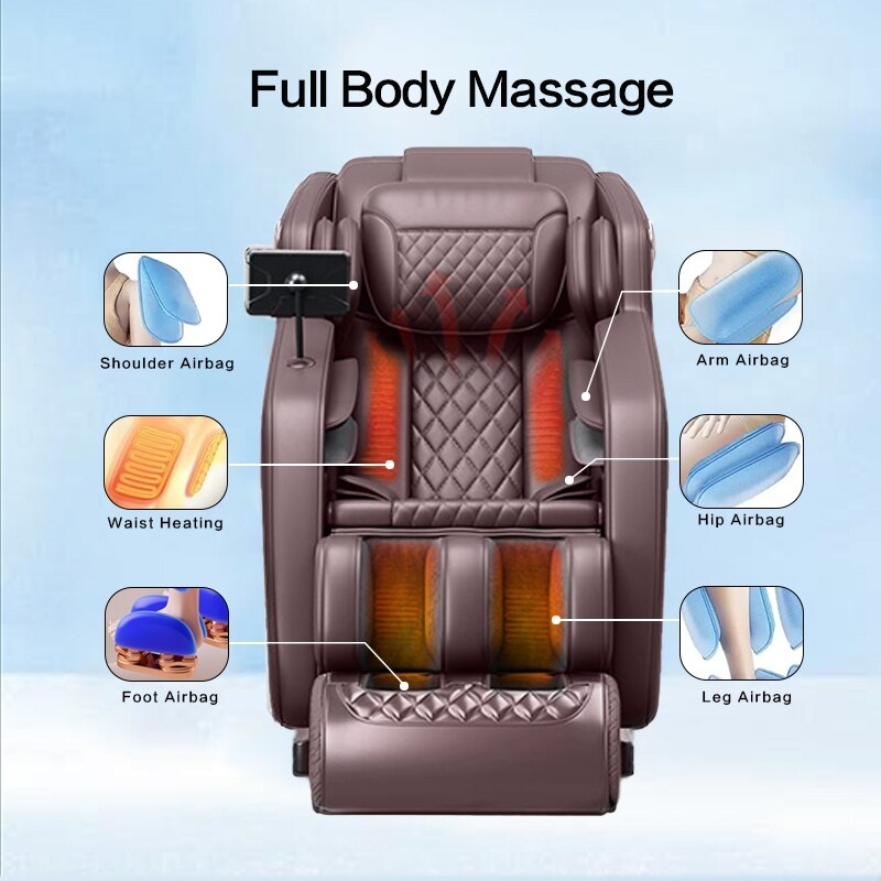 Fauteuil de massage inclinable à gravité zéro avec massage corporel complet, chauffage et audio Bluetooth intégré.