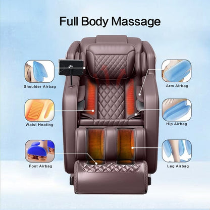 Fauteuil de massage inclinable à gravité zéro avec massage corporel complet, chauffage et audio Bluetooth intégré.