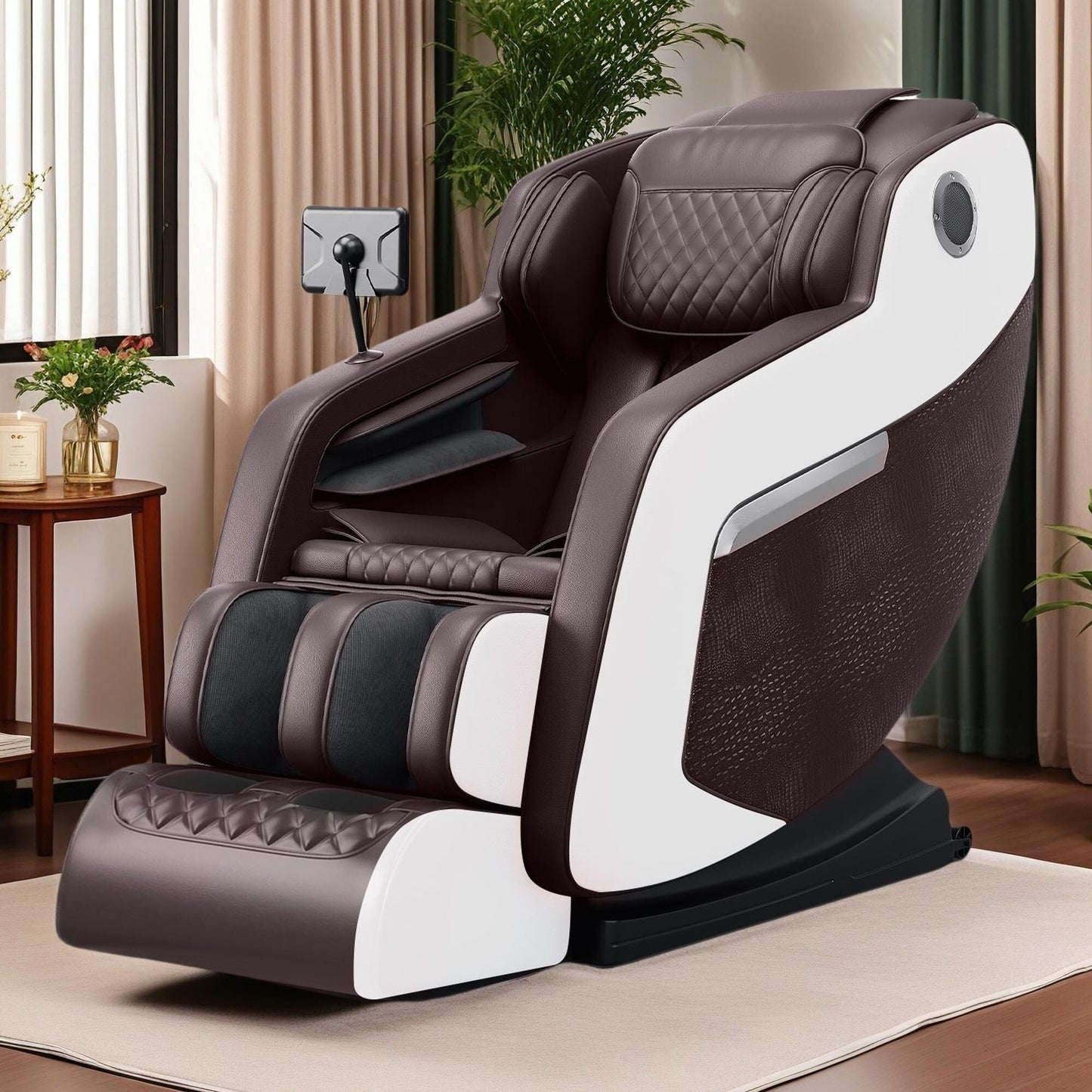 Fauteuil de massage inclinable à gravité zéro avec massage corporel complet, chauffage et audio Bluetooth intégré.